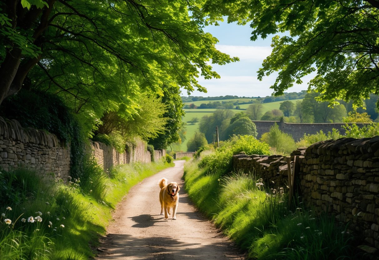 A shaded village trail with trees and greenery, a dog walking along the path near stone walls and rolling hills.