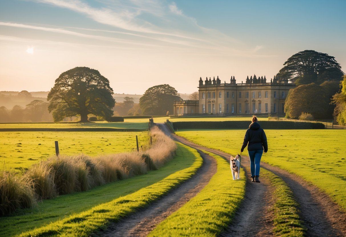 A dog walking with its owner along a path through open fields near a large historic house surrounded by trees.
