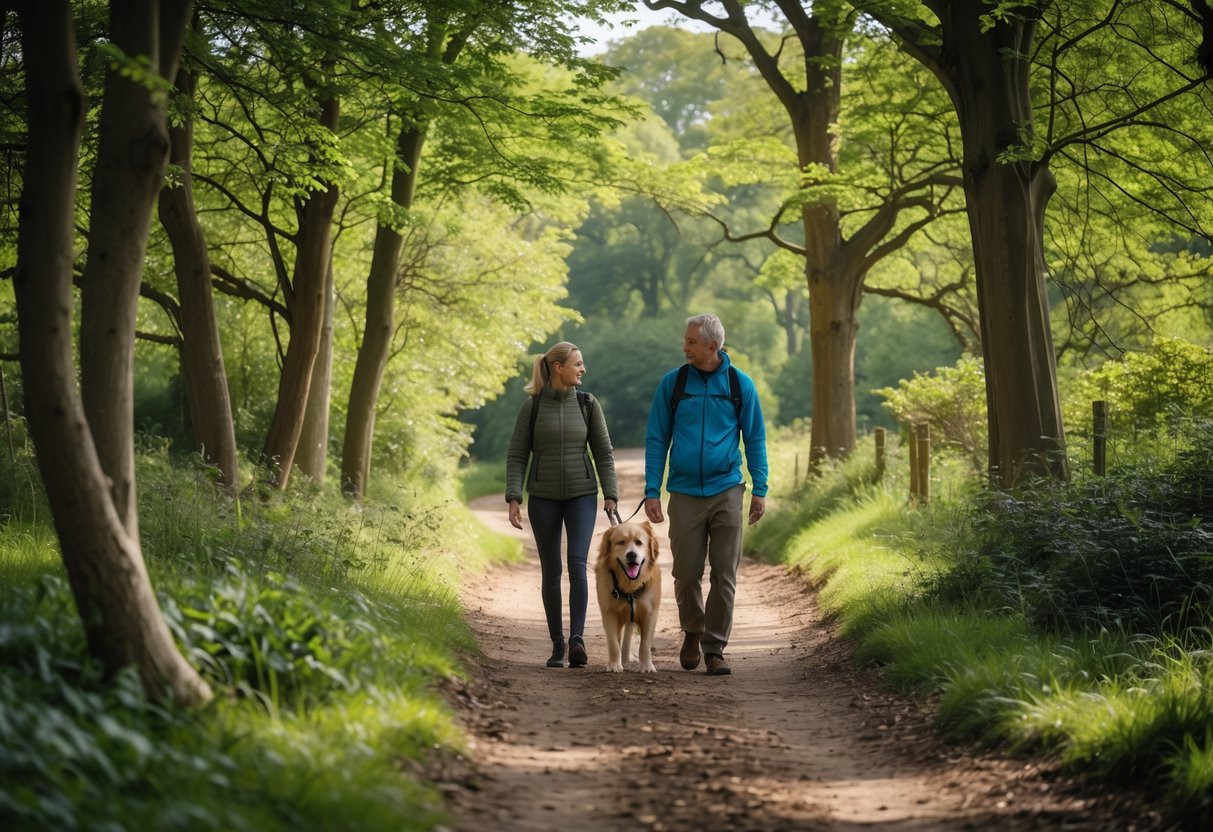 A peaceful woodland trail with a person walking a dog among green trees and soft sunlight.