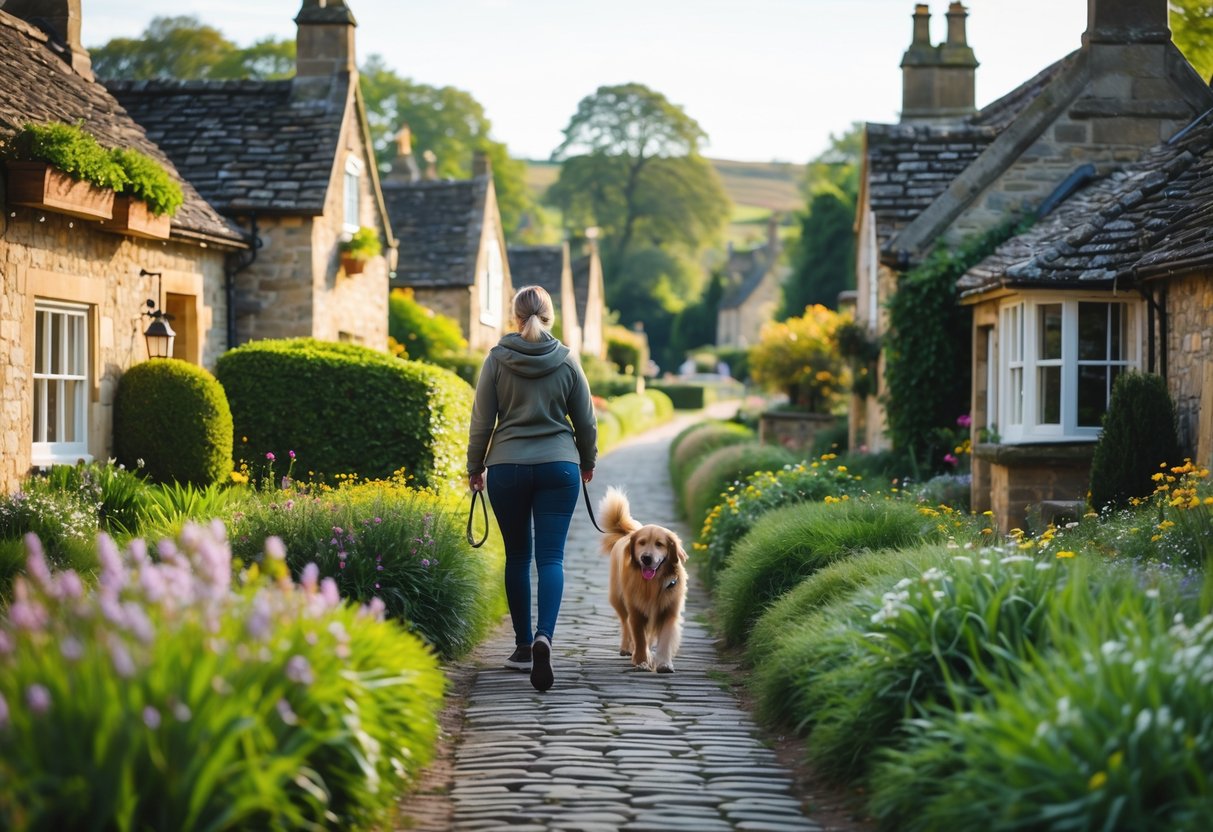 A dog walking with a person along a cobblestone path lined with stone cottages and greenery in a village near Chatsworth House.