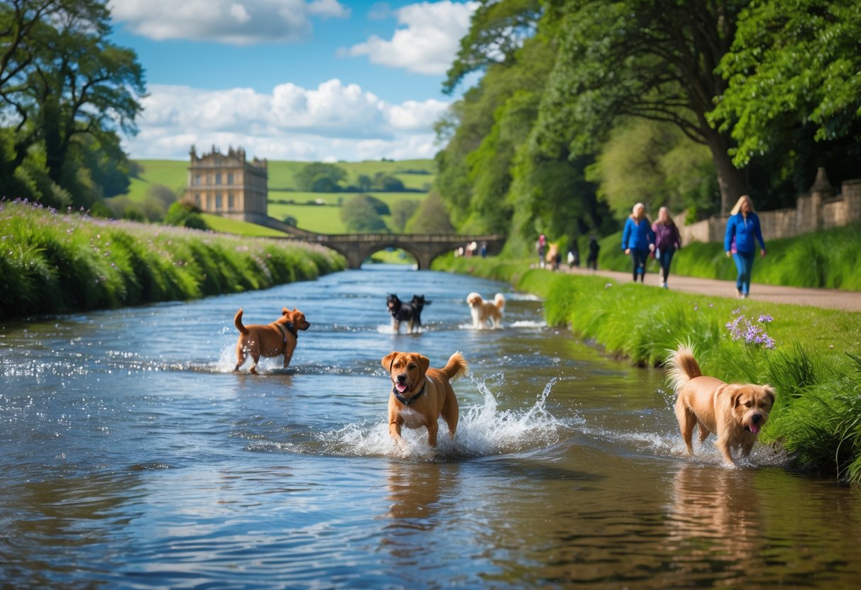 Dogs playing and splashing in the River Derwent with people walking along a green riverside path near Chatsworth House.