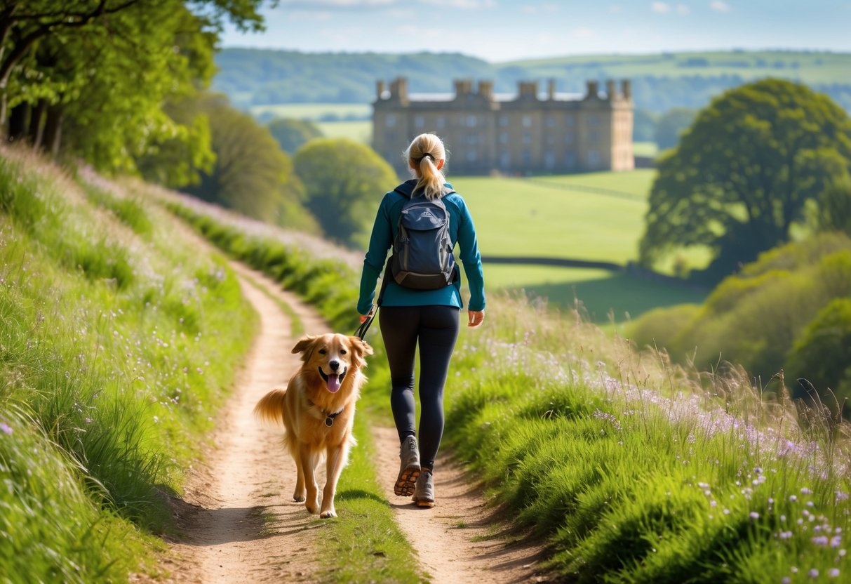 A person walking a dog along a dirt path through green countryside near Chatsworth House on a clear day.