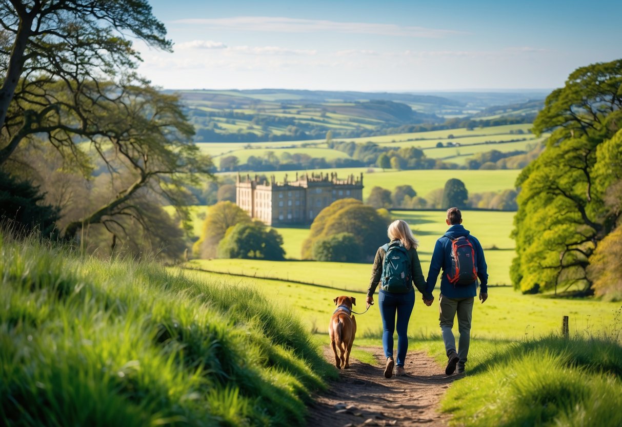 A couple walking their dog along a hiking trail with panoramic views of green hills and Chatsworth House in the distance.