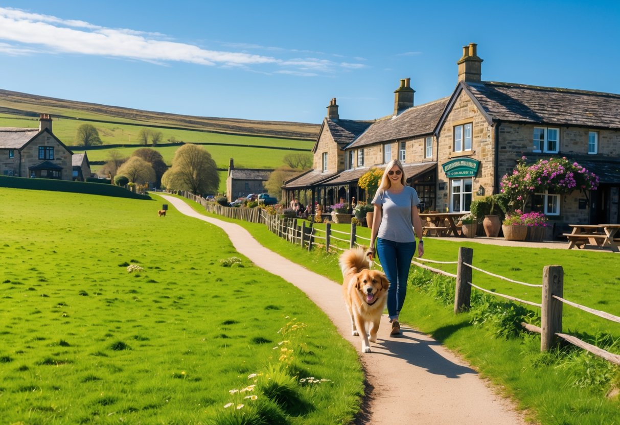 A person walking a dog along a green countryside path with stone pubs and rolling hills in the background.