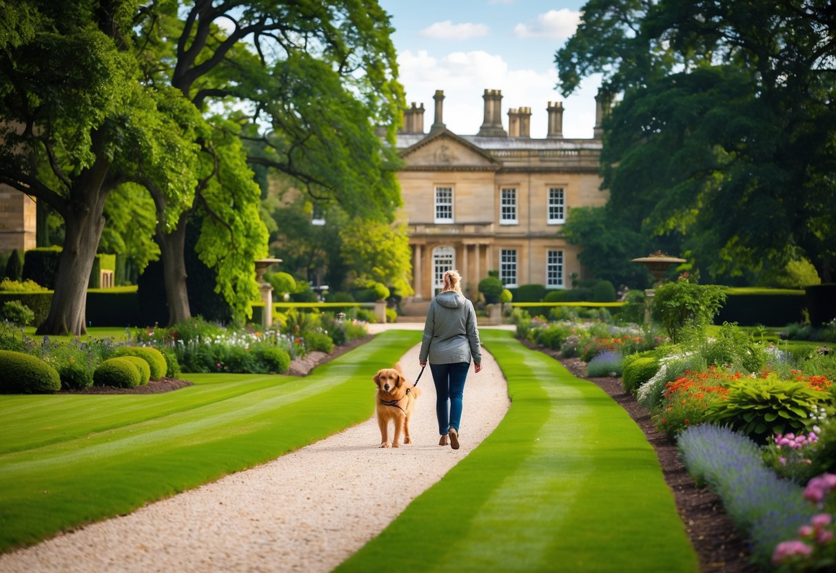 A person walking a dog along a gravel path surrounded by green lawns, flower beds, and trees near Chatsworth House.