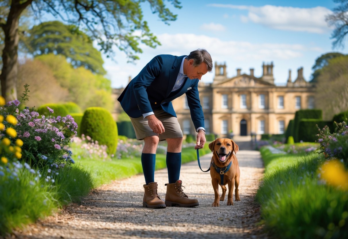 Person putting on walking boots next to a dog on a path with Chatsworth House in the background.