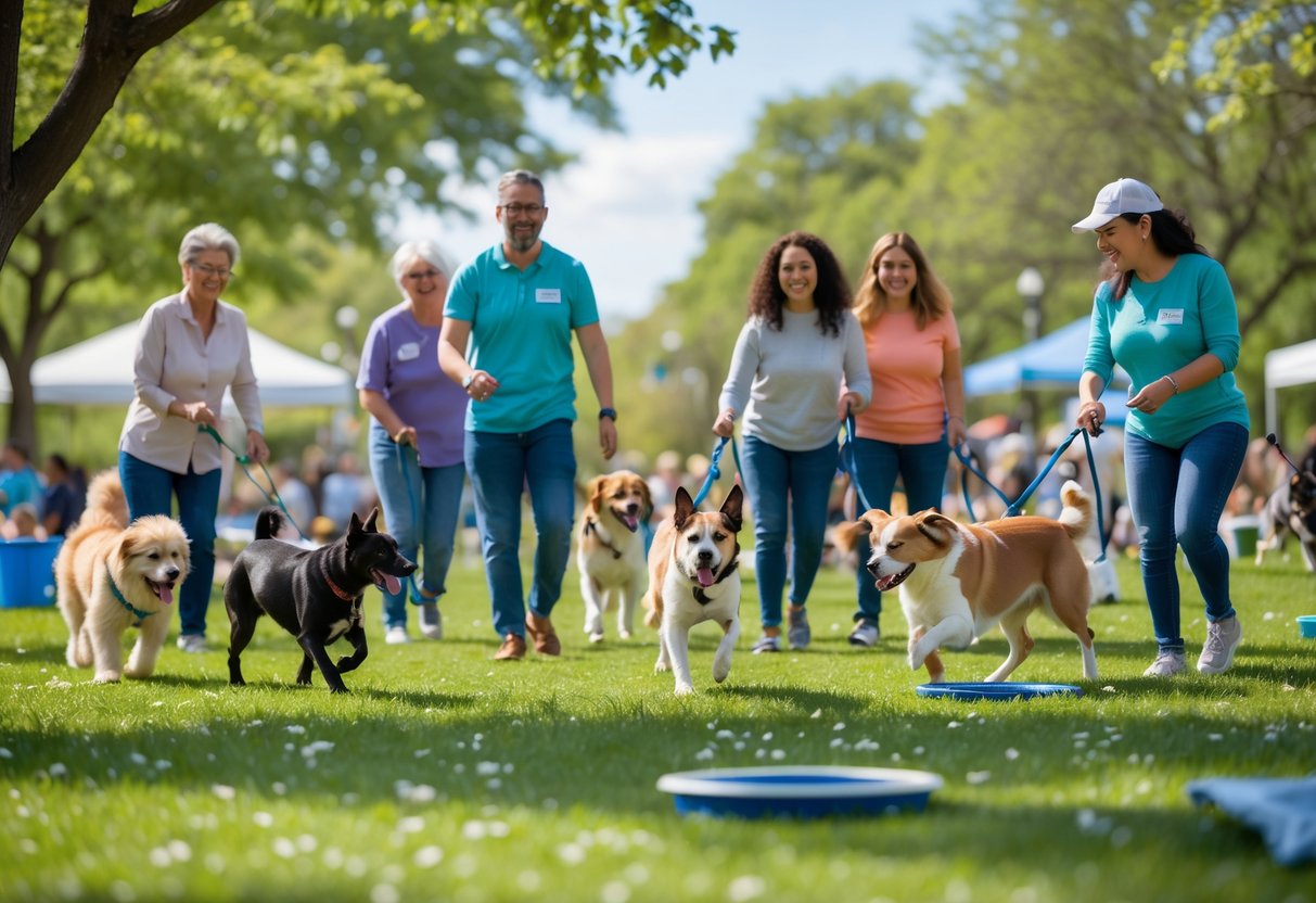 People enjoying a sunny day in a park playing and interacting with several dogs during a community animal sanctuary event.
