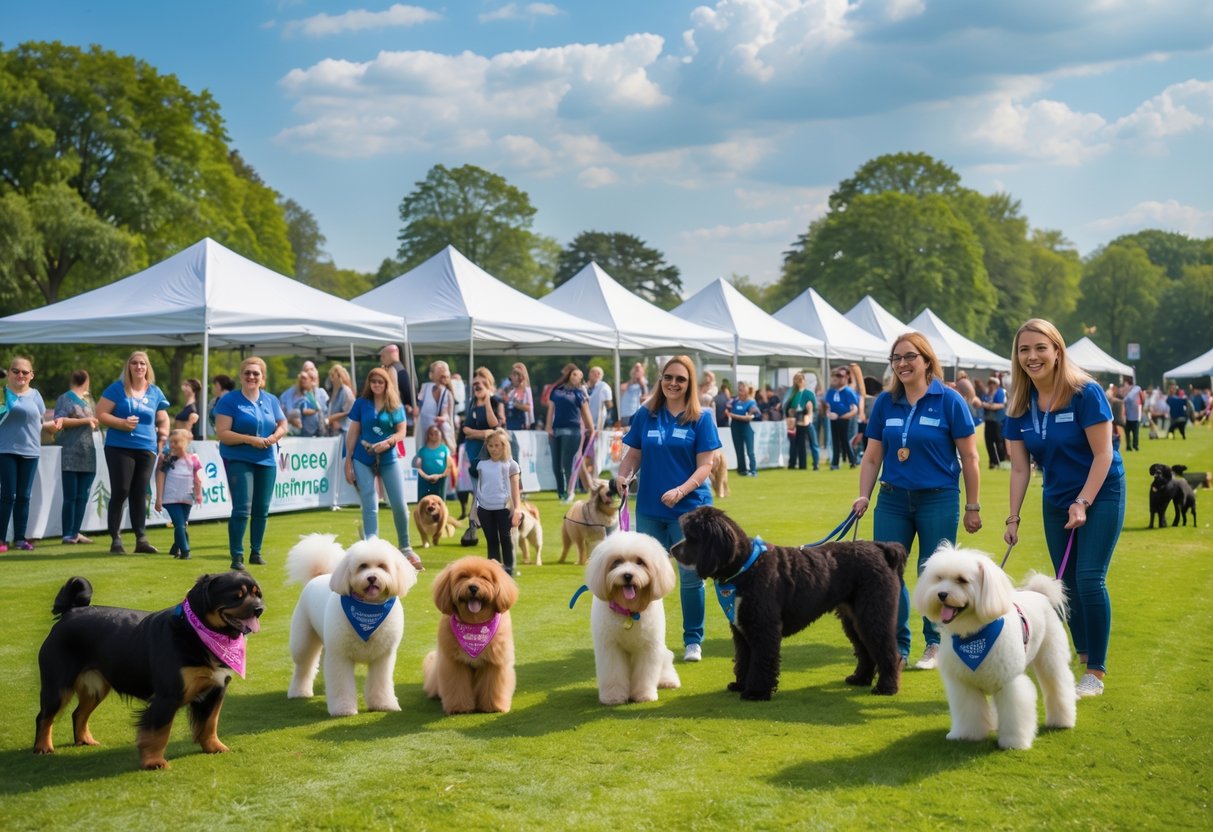 People and dogs enjoying a sunny outdoor dog show event in a park with tents and trees in the background.