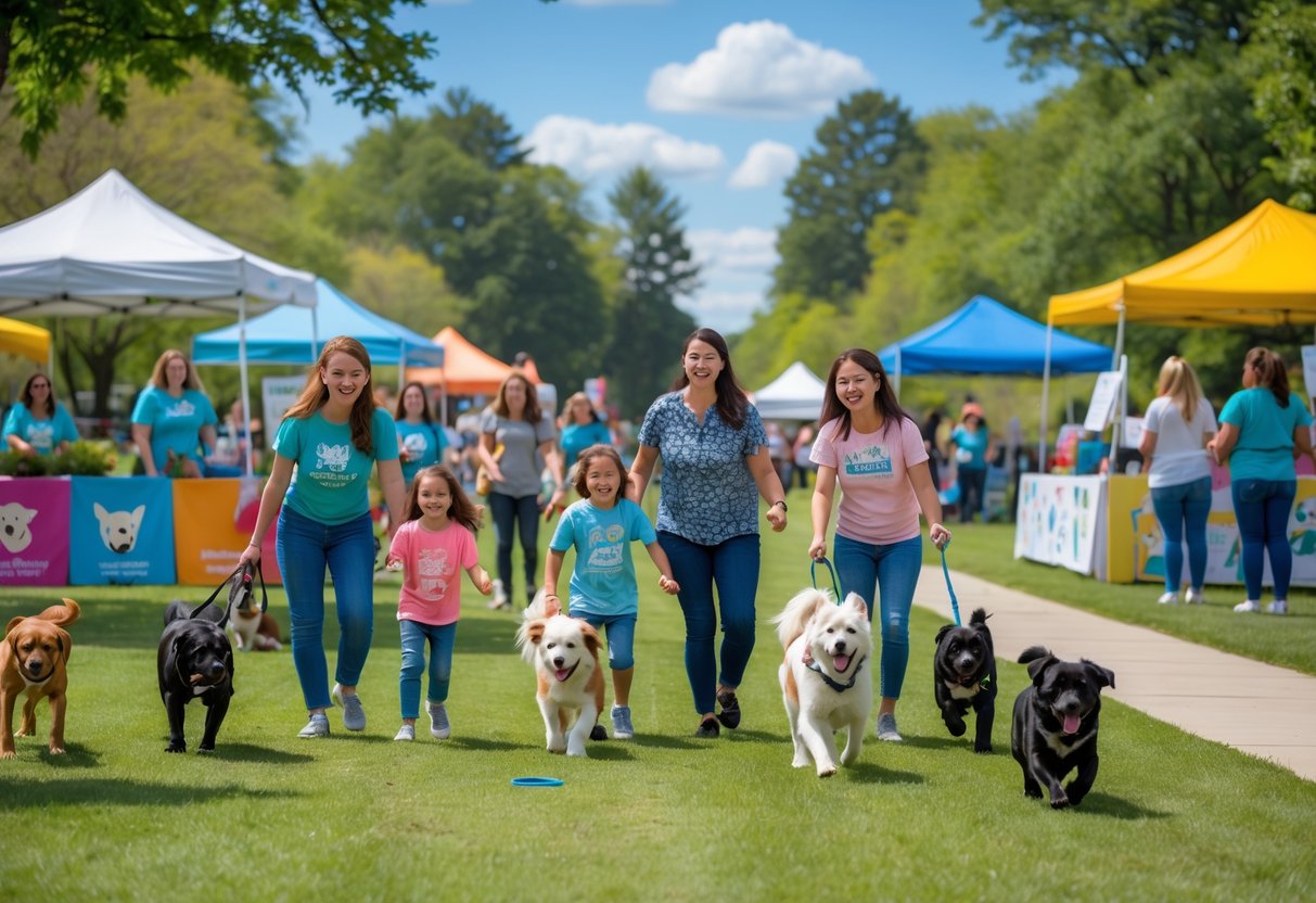 Families and children enjoying a sunny day at an animal sanctuary park, playing and interacting with dogs in a green outdoor setting.