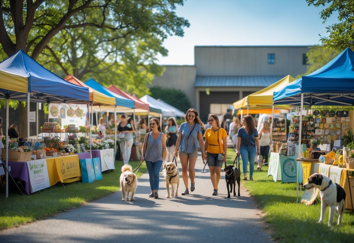 Outdoor artisan market with local stalls and people walking dogs at an animal sanctuary event on a sunny day.