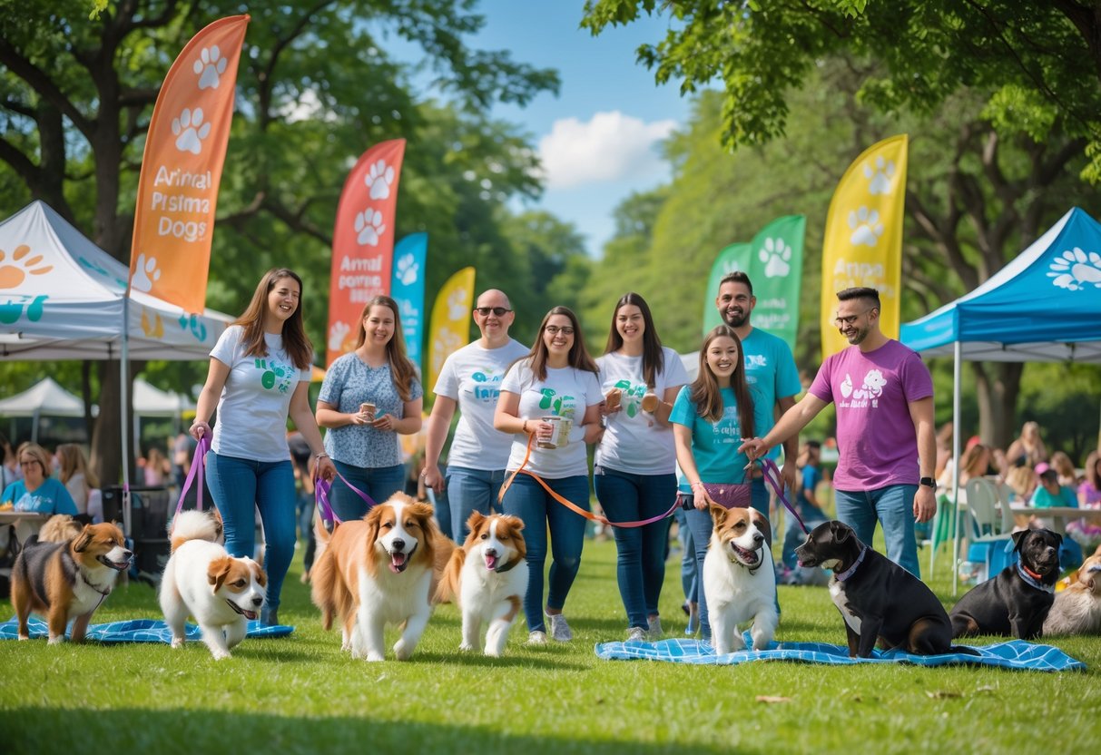 People and their dogs enjoying a sunny day at a community park event supporting an animal sanctuary.