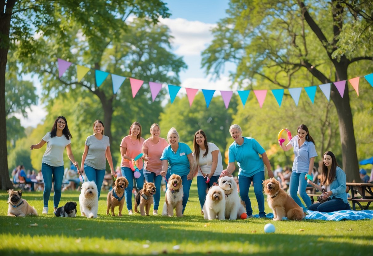 People of all ages enjoying a sunny day in a park with friendly dogs playing and relaxing together.
