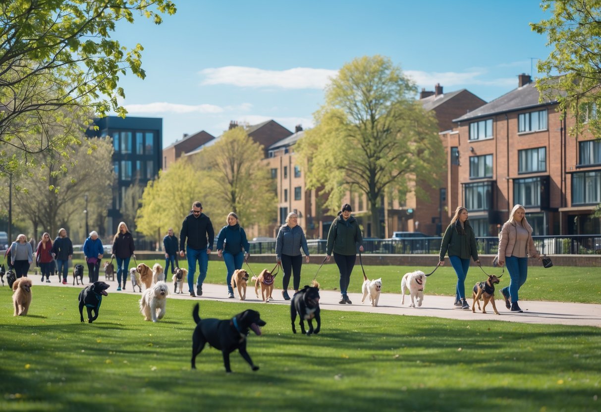 People walking and playing with dogs in a sunny urban park with trees and buildings in the background.