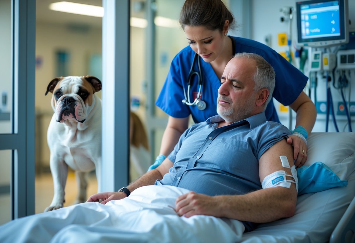 A man receiving medical care in a hospital emergency room with an American bulldog visible behind a glass door.