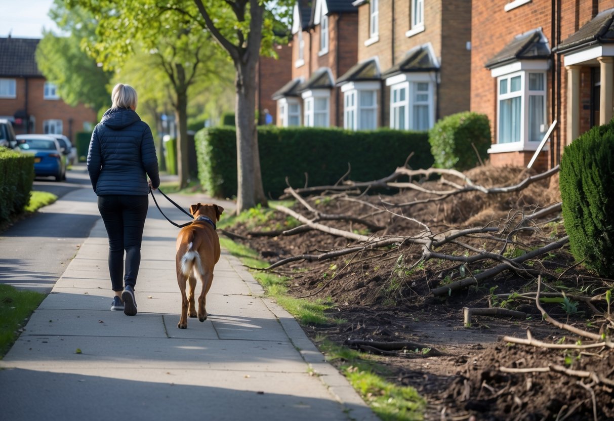 A dog owner walking their dog along a Sheffield street where some trees and bushes have recently been cleared.