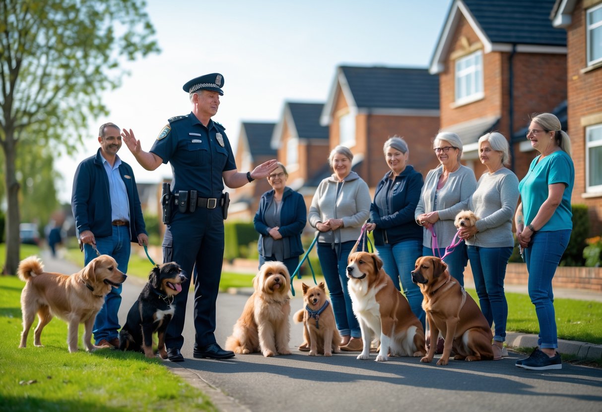 A police officer talking to a group of dog owners with their dogs in a residential neighbourhood.