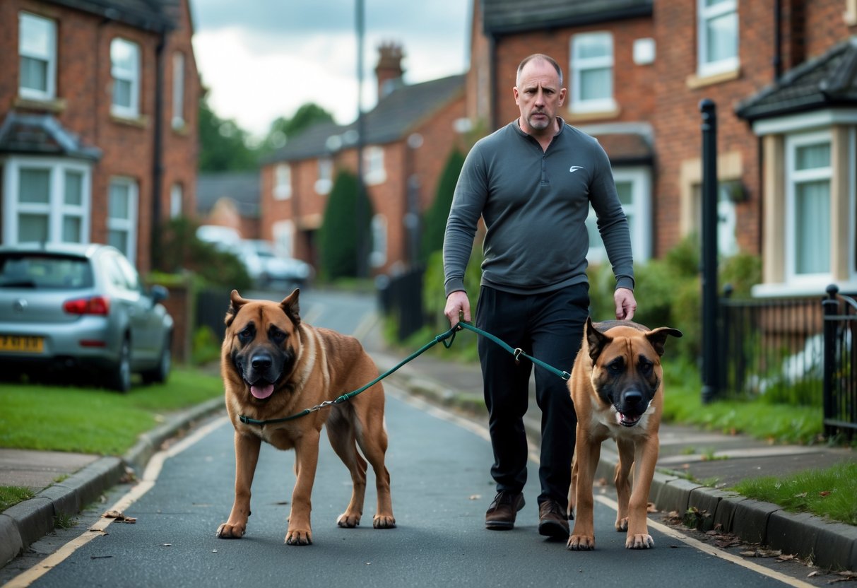 A man holding two large dogs on leashes on a suburban street with houses in the background.