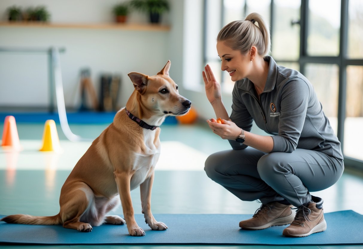 A dog trainer kneeling beside a sitting dog in a bright indoor training area, teaching the dog to stay.