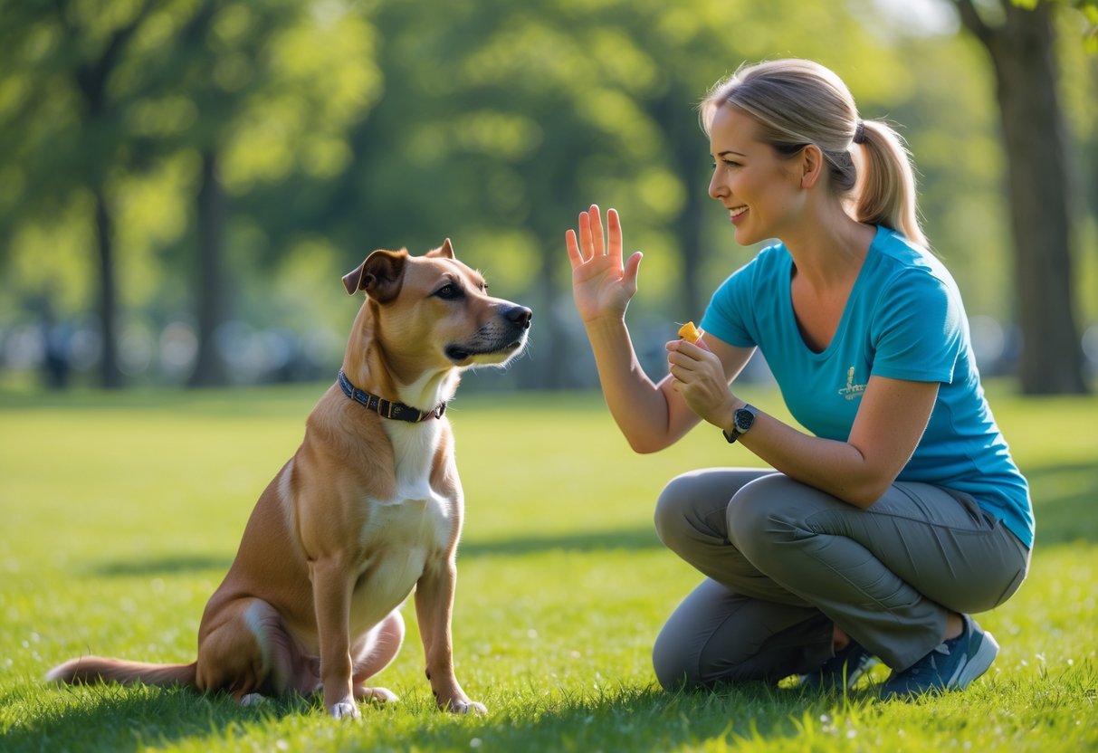 A person kneeling on grass training a dog to stay in a sunny park.