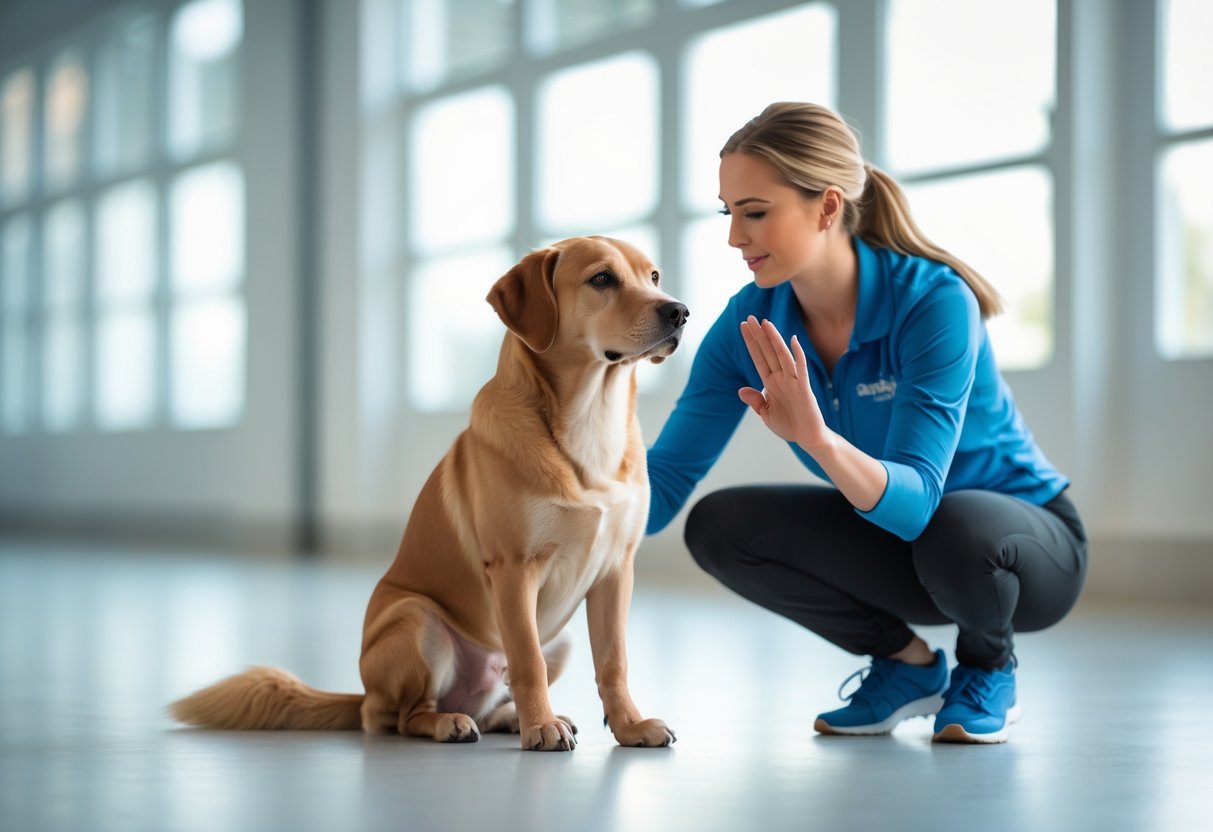A dog sitting attentively next to a trainer who is giving a hand signal indoors.