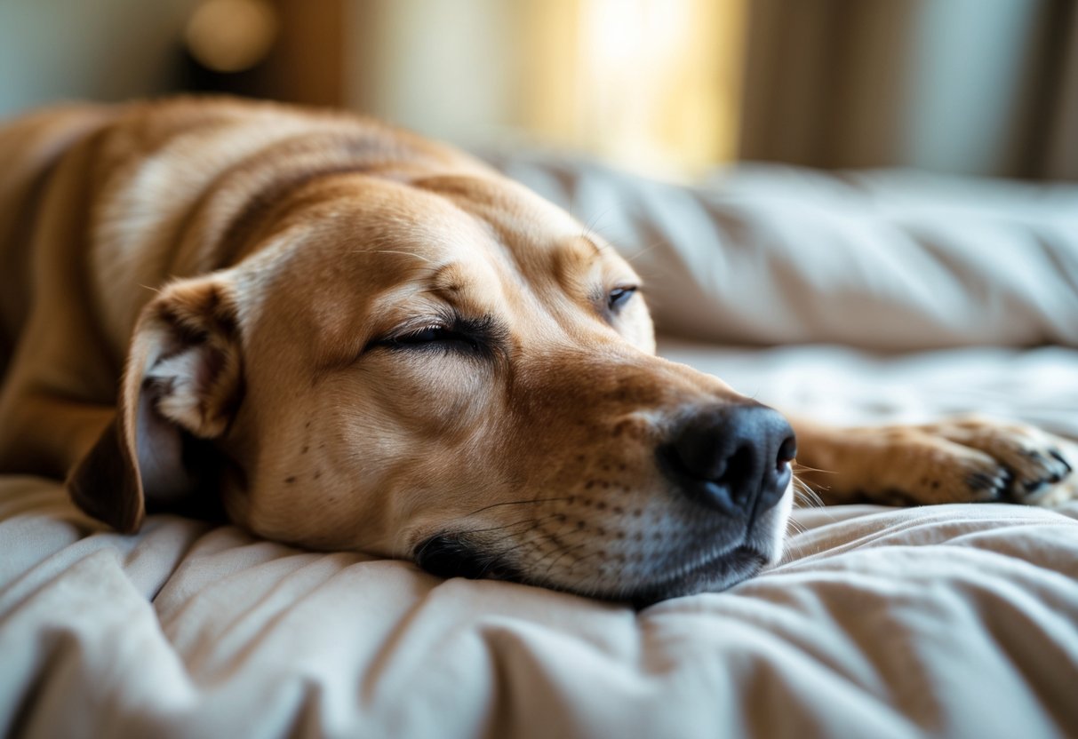 A dog lying on a bed with its eyes closed and mouth open as if howling in its sleep.