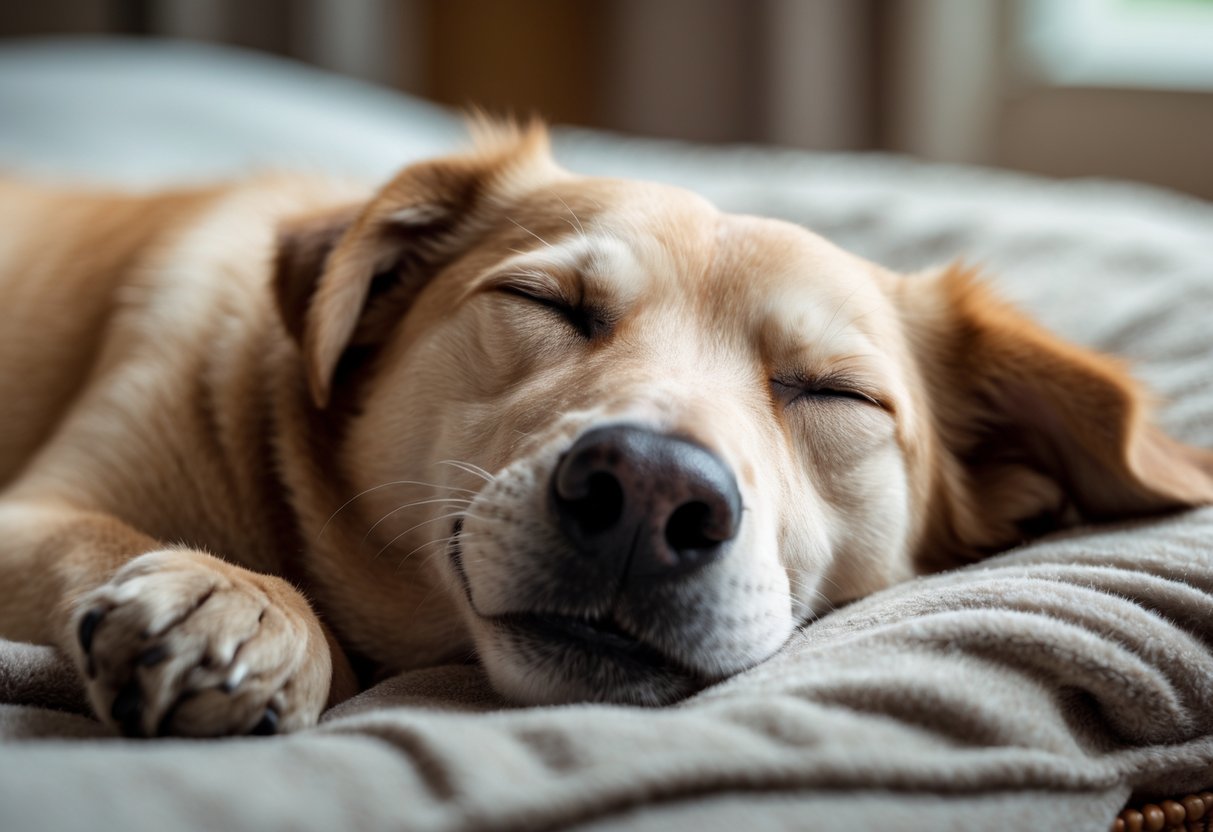 A sleeping dog with its mouth slightly open, appearing to howl while resting on a soft bed indoors.