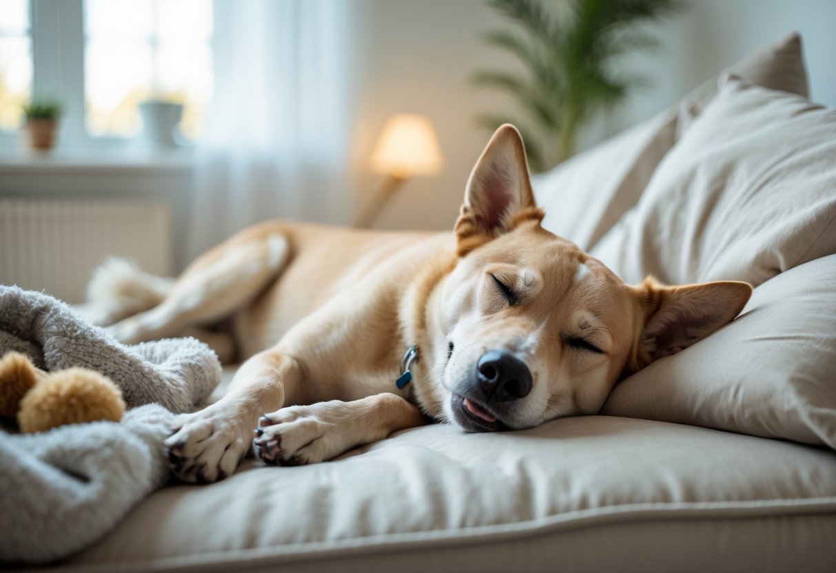 A medium-sized dog sleeping on a bed with its mouth open as if howling, in a cozy living room setting.