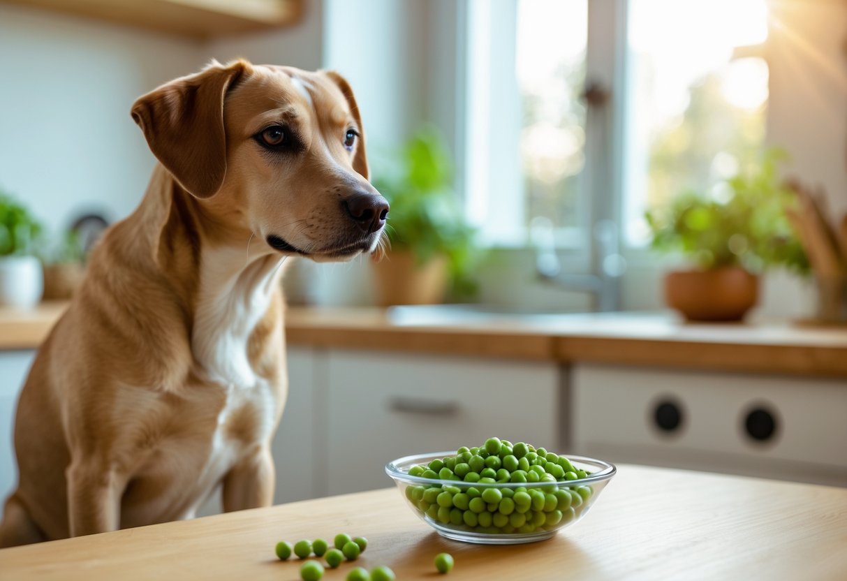 A dog sitting in a kitchen looking at a bowl of green peas on a table.