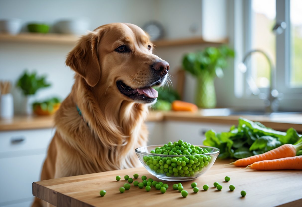 A golden retriever sitting in a bright kitchen looking at a bowl of fresh green peas on a wooden countertop.