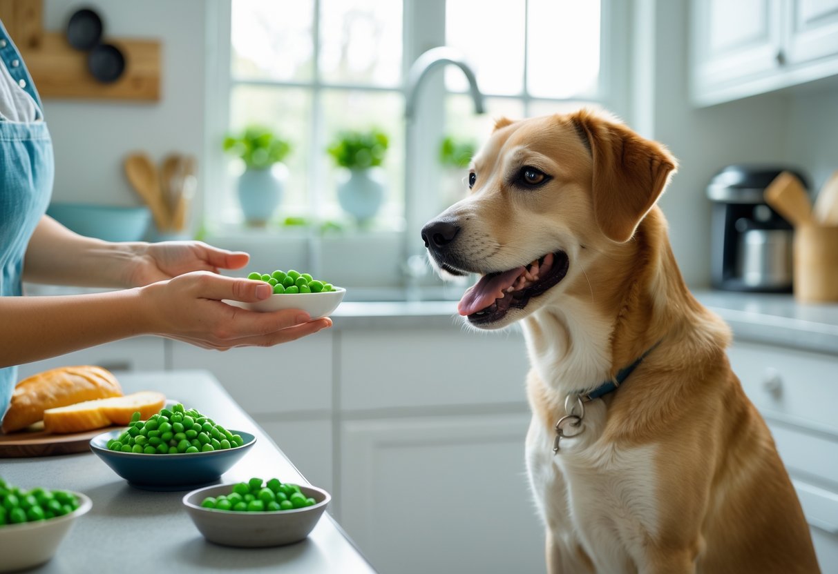 A dog sitting next to a person who is offering a bowl of fresh peas in a bright kitchen.