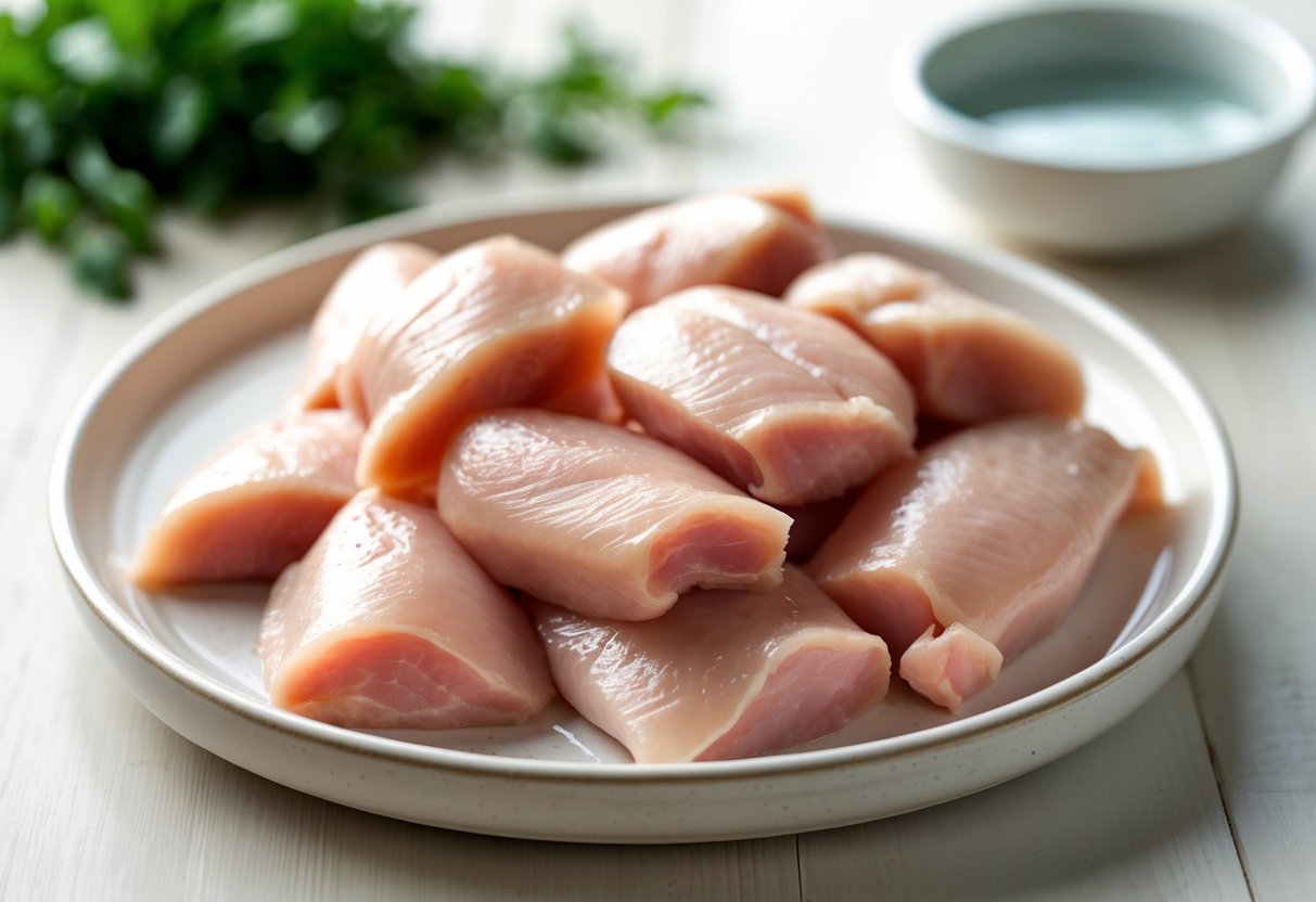 Raw chicken pieces on a white plate placed on a wooden surface with blurred herbs and a bowl of water in the background.