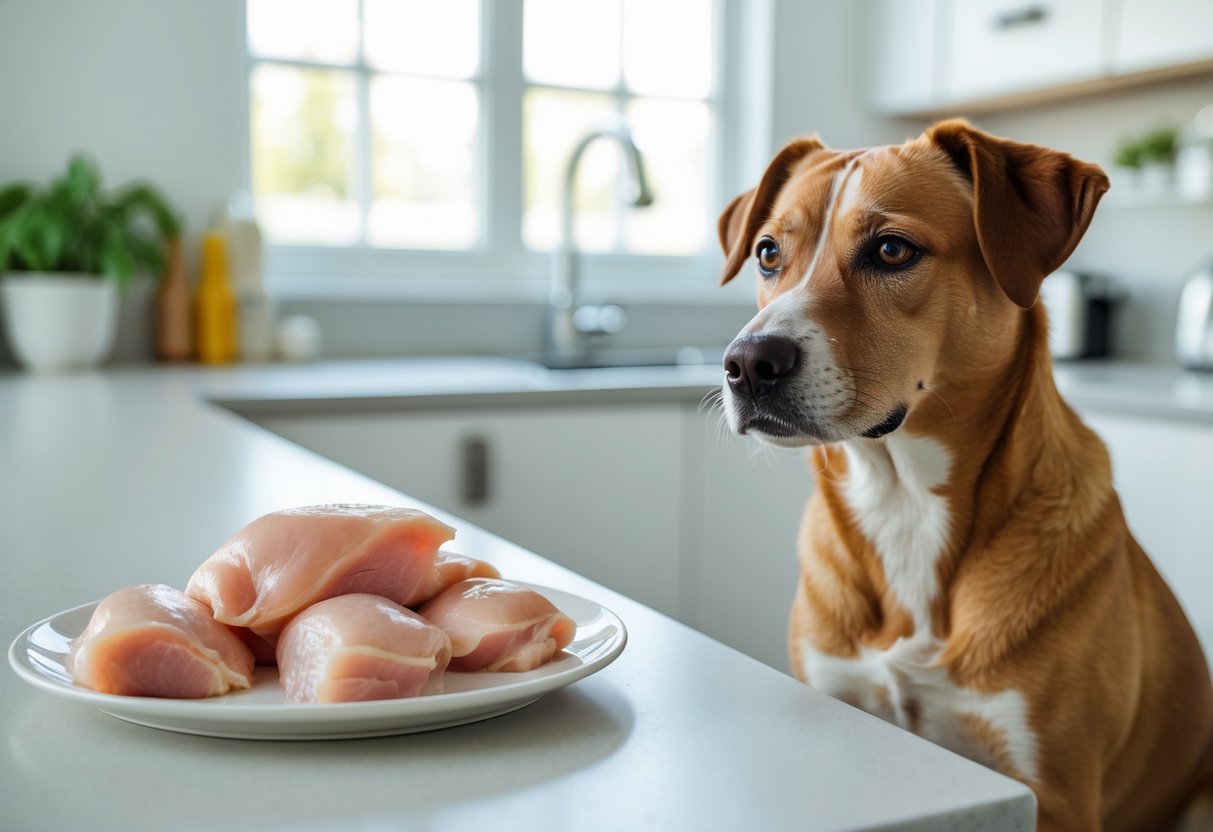 A dog sitting next to a kitchen counter with raw chicken pieces on a plate.