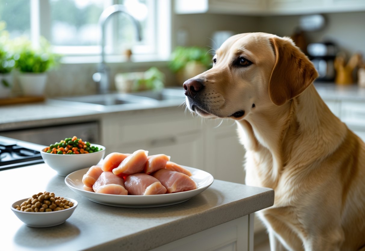 A dog sitting calmly near a plate of raw chicken pieces on a kitchen countertop.
