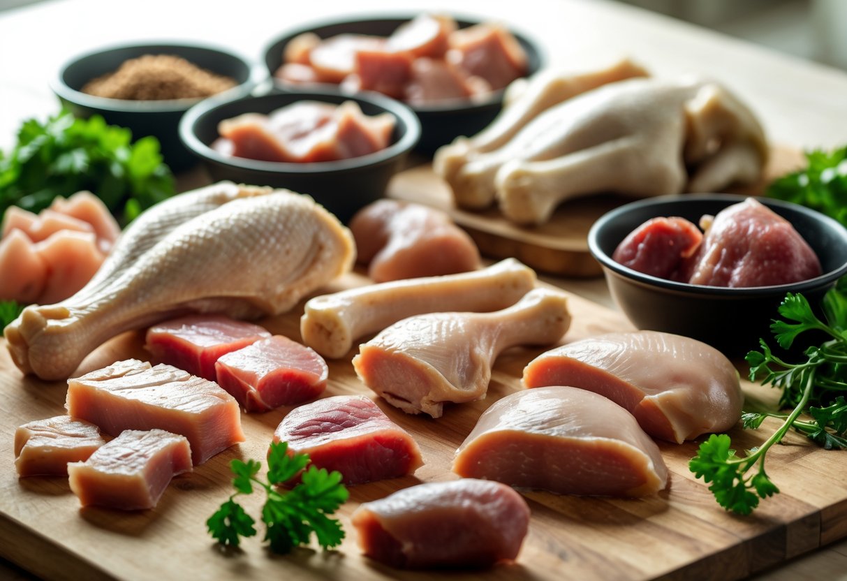 A selection of raw chicken bones, meat, and organ pieces arranged on a wooden surface with fresh herbs.