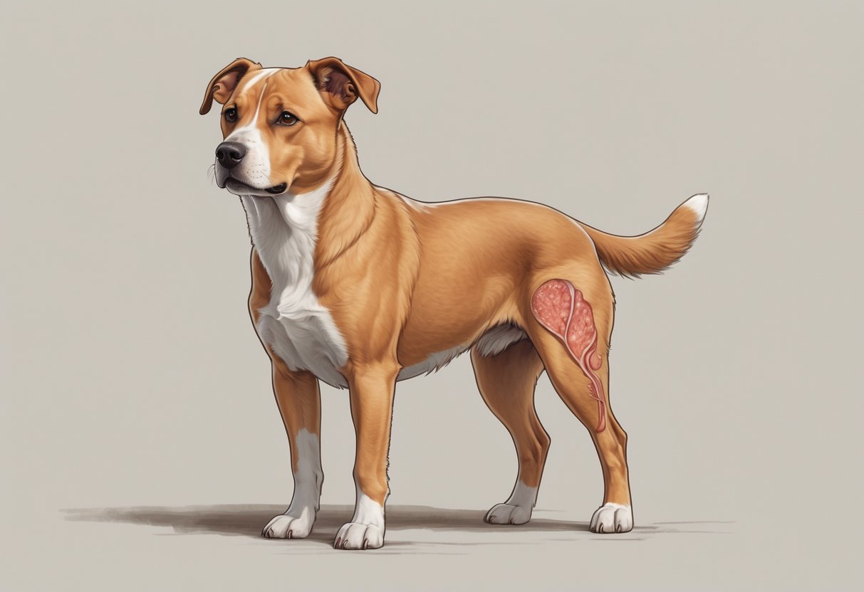 A medium-sized dog standing calmly with visible redness and irritation on its ears, paws, and skin folds.