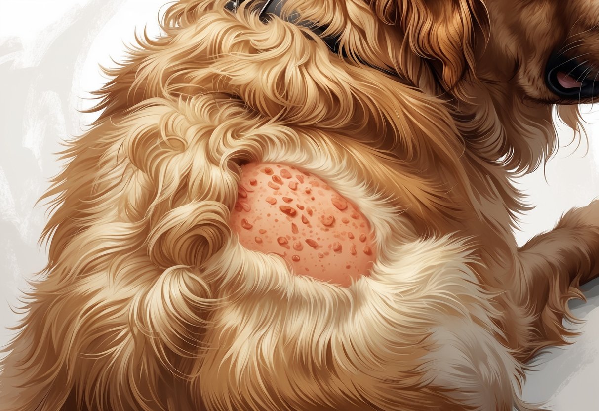Close-up of a dog's skin with a red, irritated patch showing signs of a yeast infection surrounded by healthy fur.