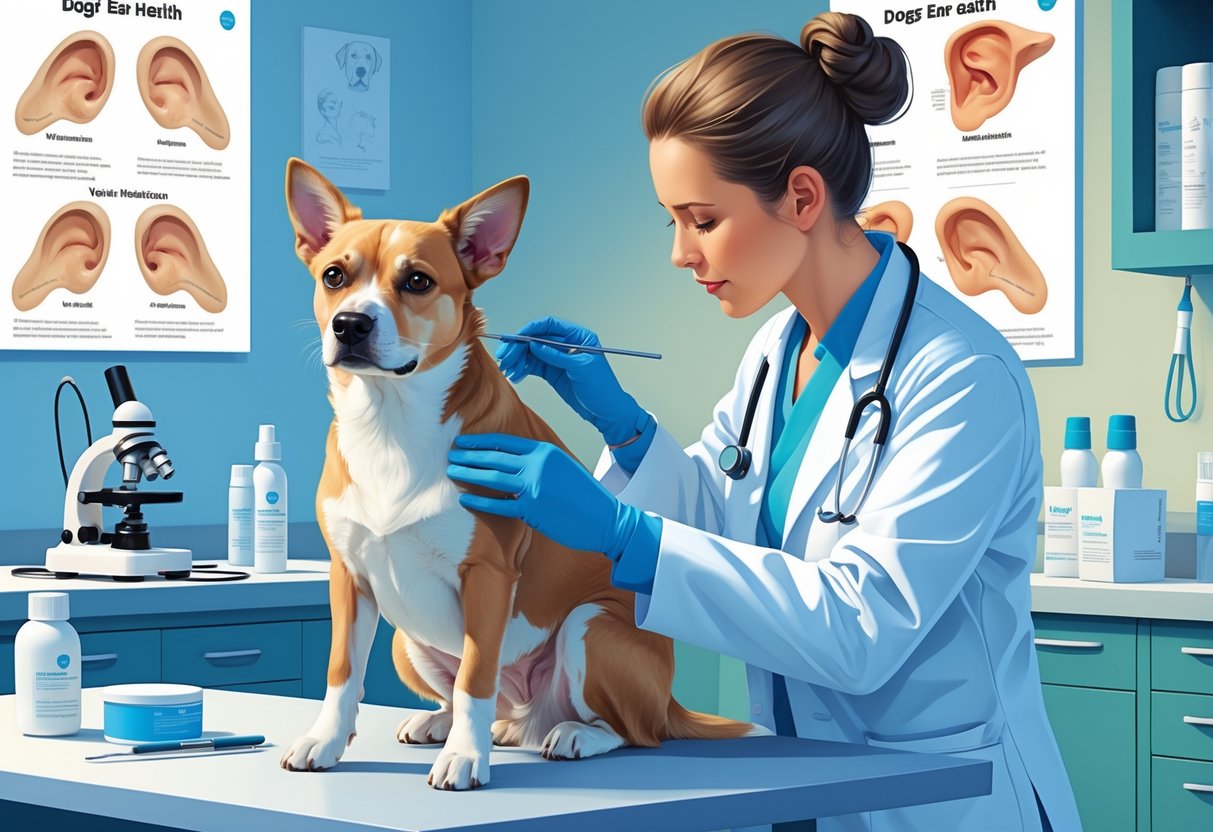 A veterinarian examining a dog’s ear for signs of infection in a veterinary clinic.
