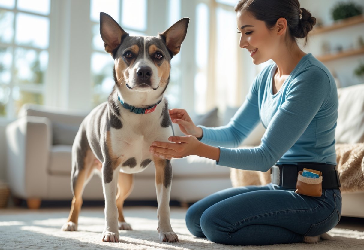 A person gently holding a dog's front paws down to stop it from jumping in a bright living room.