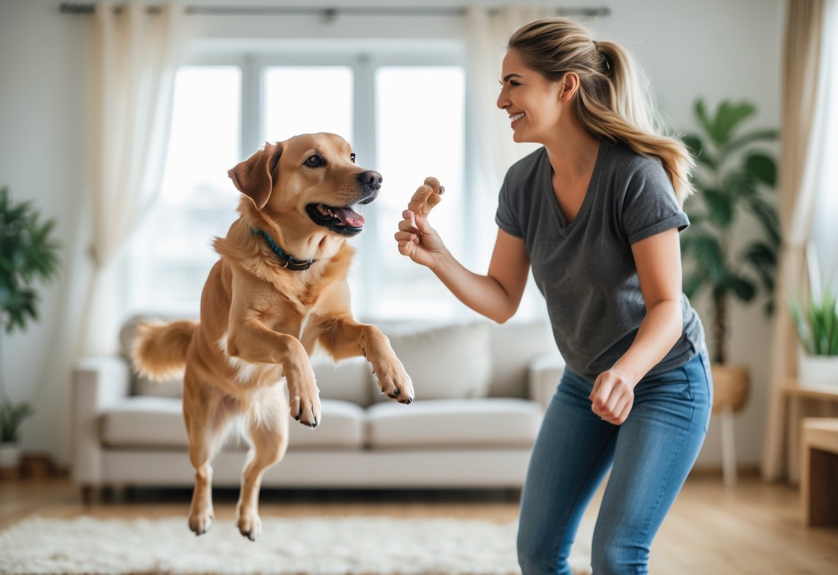 A person calmly holding a treat while a dog jumps up excitedly in a bright living room.