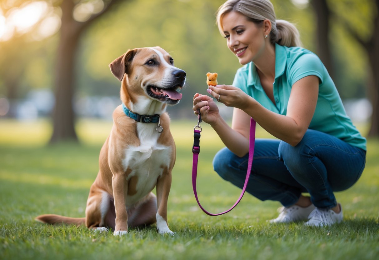 A dog trainer kneeling on grass rewarding a calm dog sitting beside them during a training session in a park.