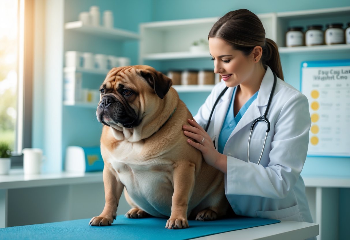 A veterinarian examining an overweight dog in a veterinary clinic, checking its health and weight.