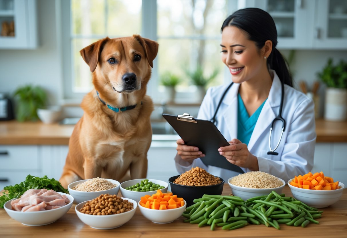 A medium-sized dog sitting next to bowls of healthy dog food ingredients with a person in a white coat holding a clipboard in a bright kitchen setting.