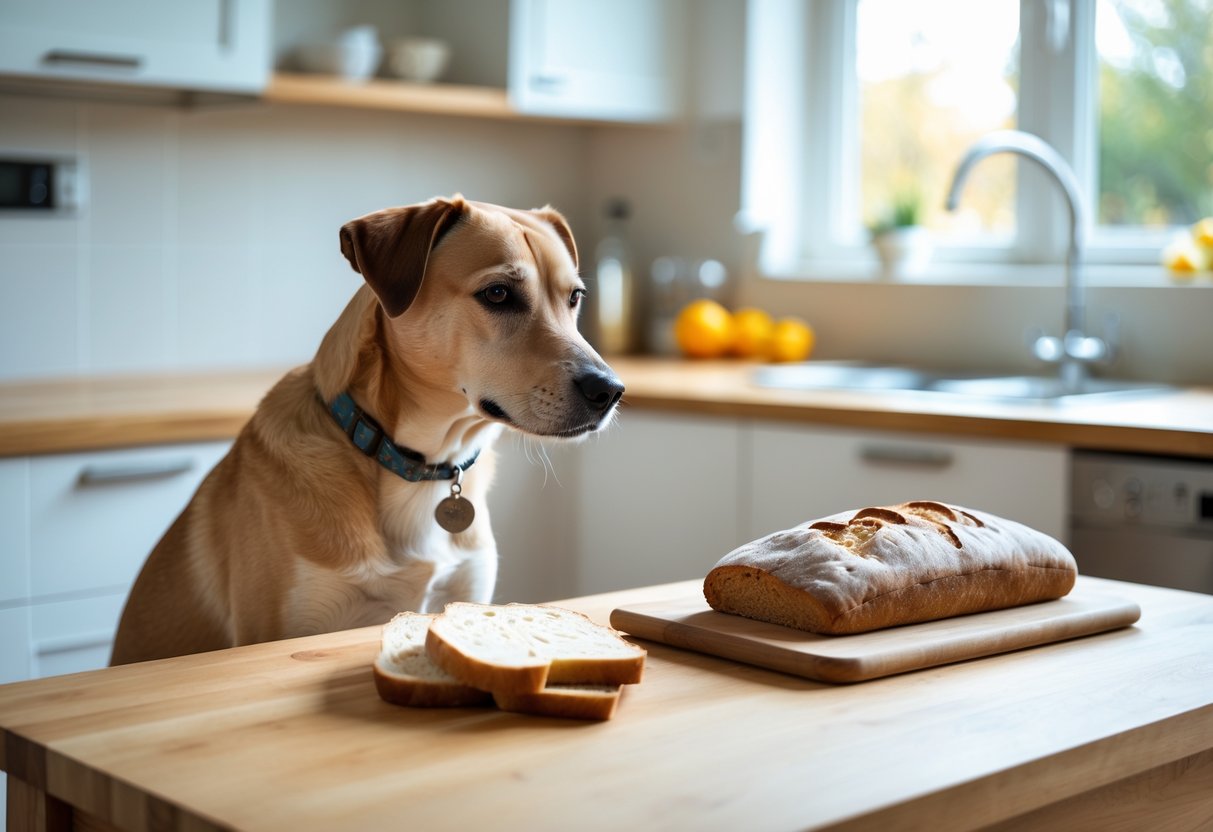 A dog sitting next to a kitchen table with a loaf of bread and slices on a cutting board.