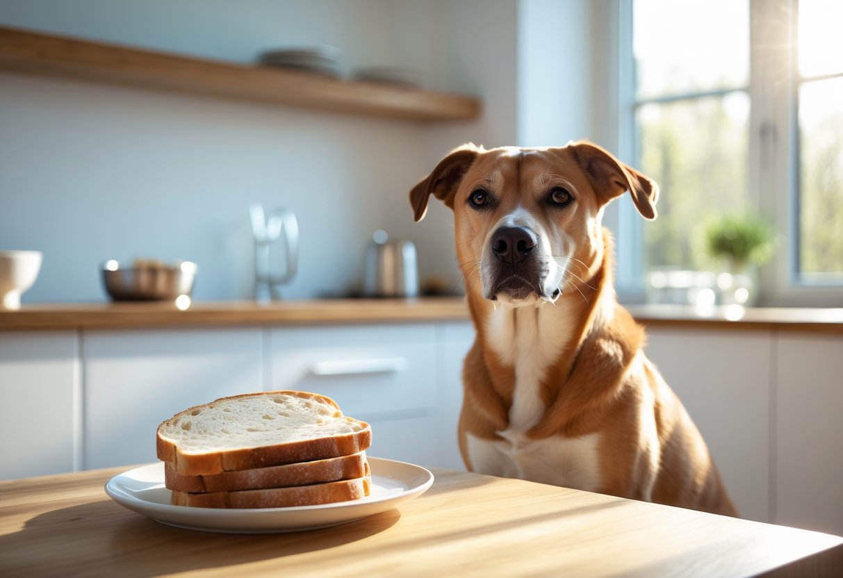 A dog sitting next to a table with slices of bread on a plate in a bright kitchen.