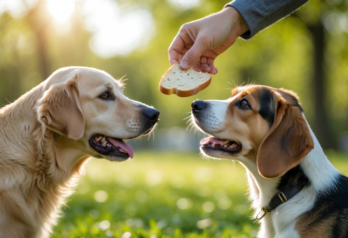 A person feeding small pieces of bread to two dogs in a park.