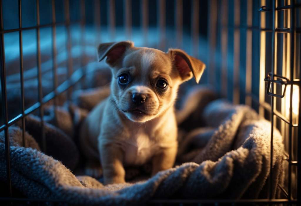 A small puppy crying inside a crate at night.