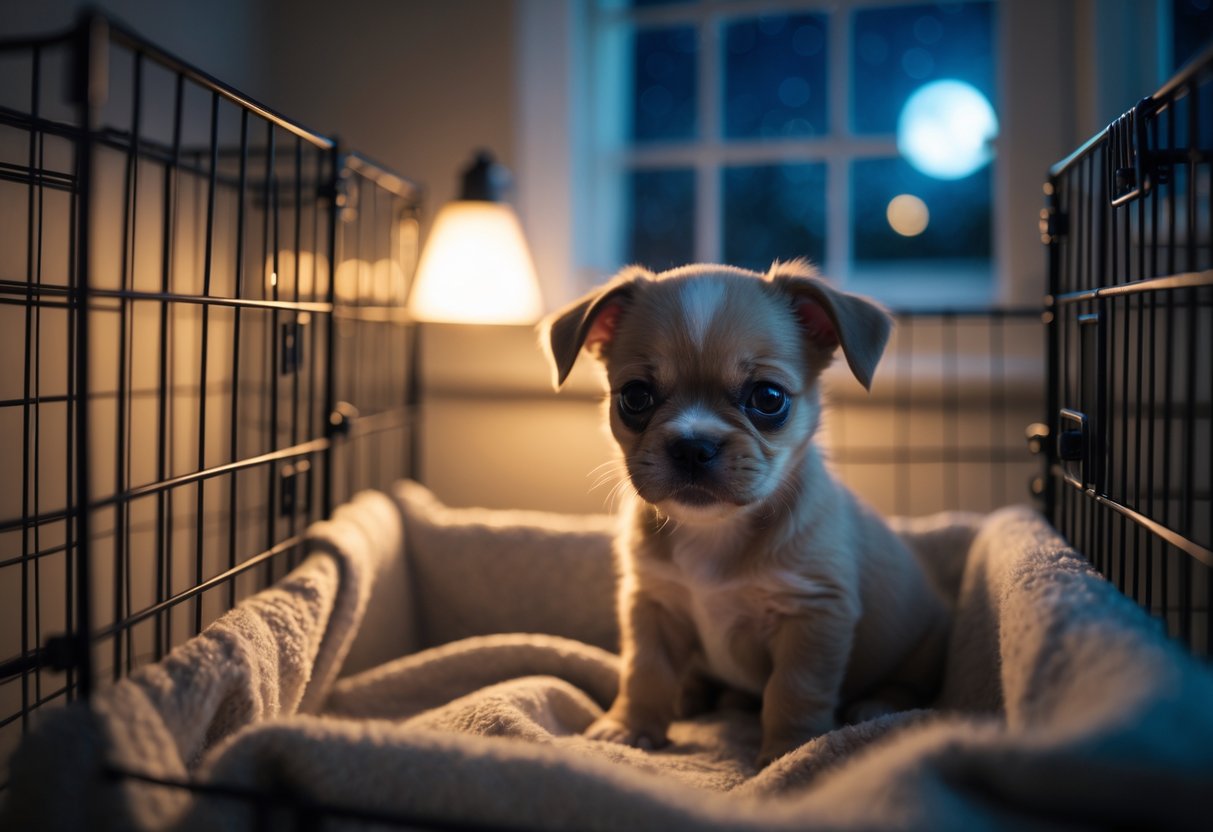 A small puppy sitting inside a cozy crate at night, looking sad and alone on a soft blanket.