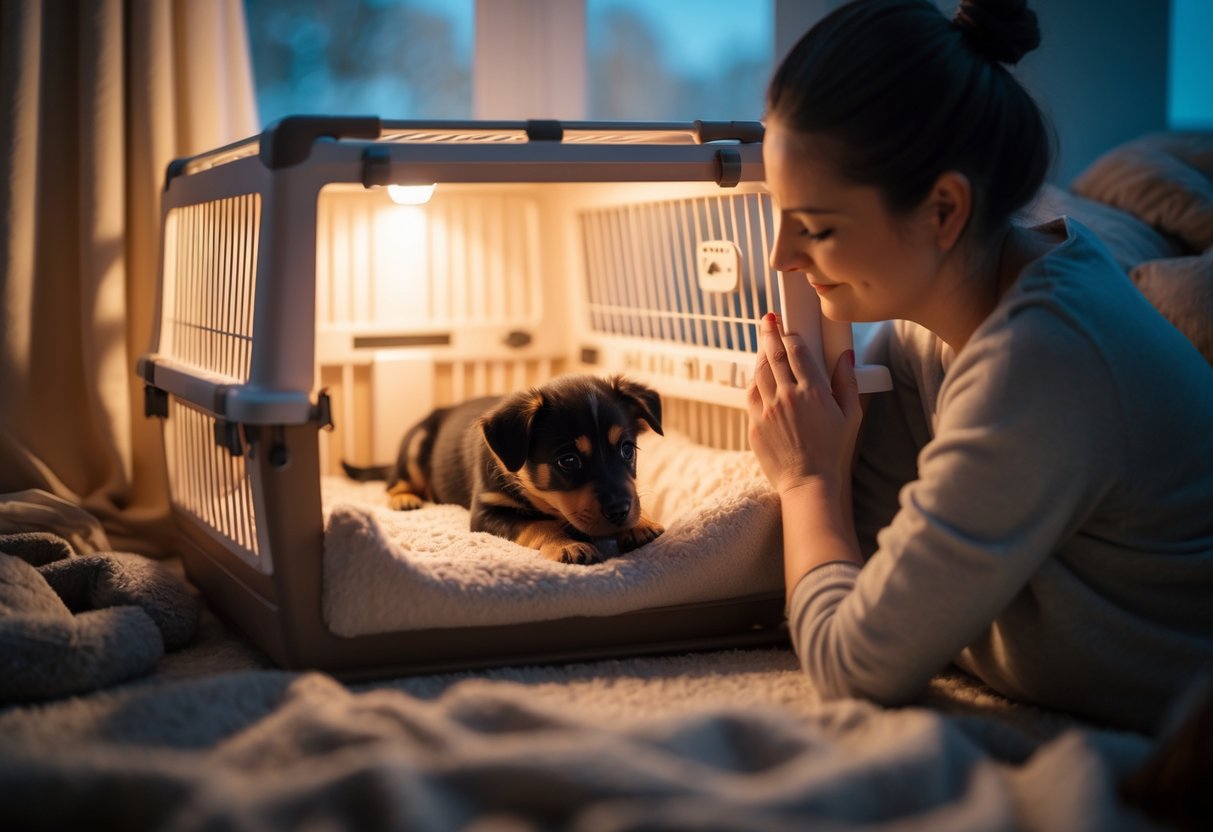 A person sitting beside a puppy resting peacefully inside a cozy crate at night.