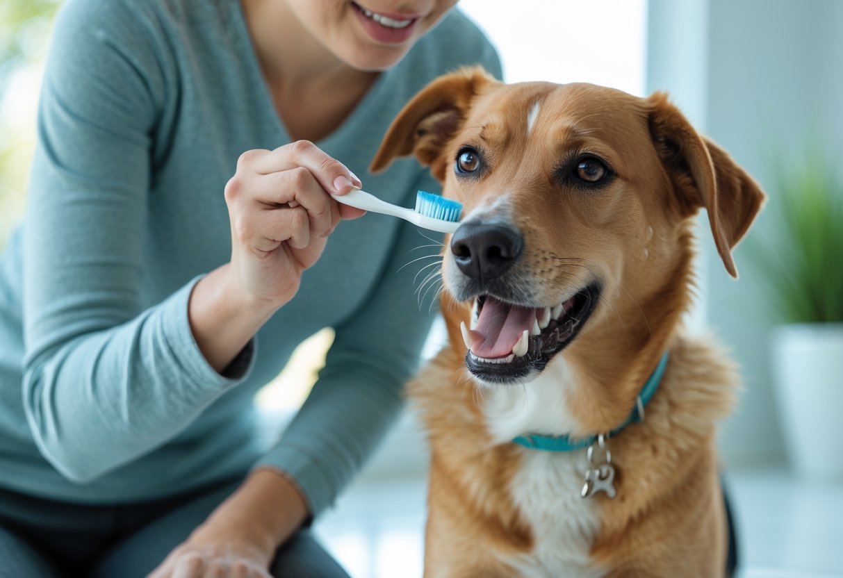 A person brushing the teeth of a calm medium-sized dog indoors.