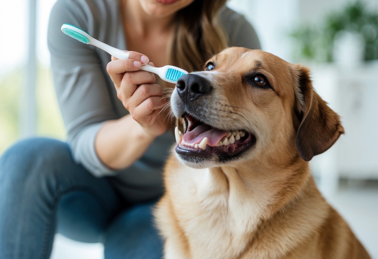 A person gently brushing a dog's teeth indoors with a dog toothbrush while the dog sits calmly.
